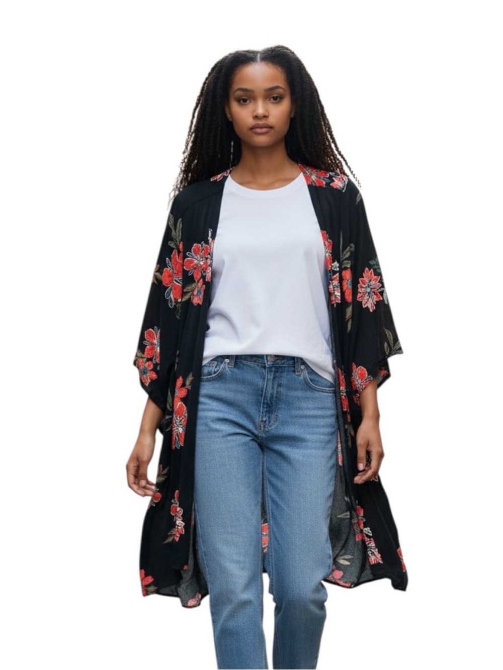Shyanne Black Floral Duster Kimono with Red Blooms Size XL